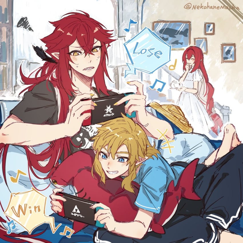 link, mipha, and sidon (the legend of zelda and 1 more) drawn by nekohanemocha