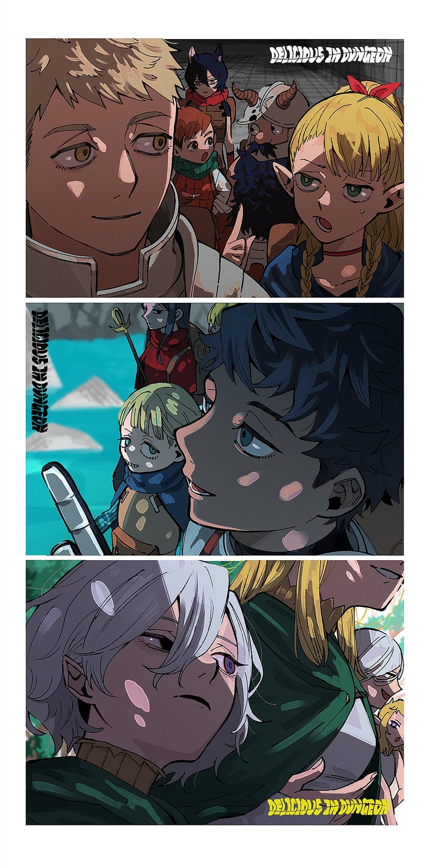 marcille donato, laios touden, senshi, mithrun, kabru, and 8 more (dungeon meshi) drawn by moku_(l1ccldyctt43918)