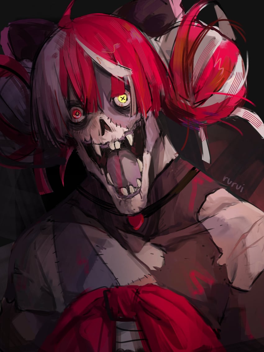 kureiji ollie and nanashi mumei's horror painting (hololive and 1 more) drawn by rakku_(rkrmz0n)