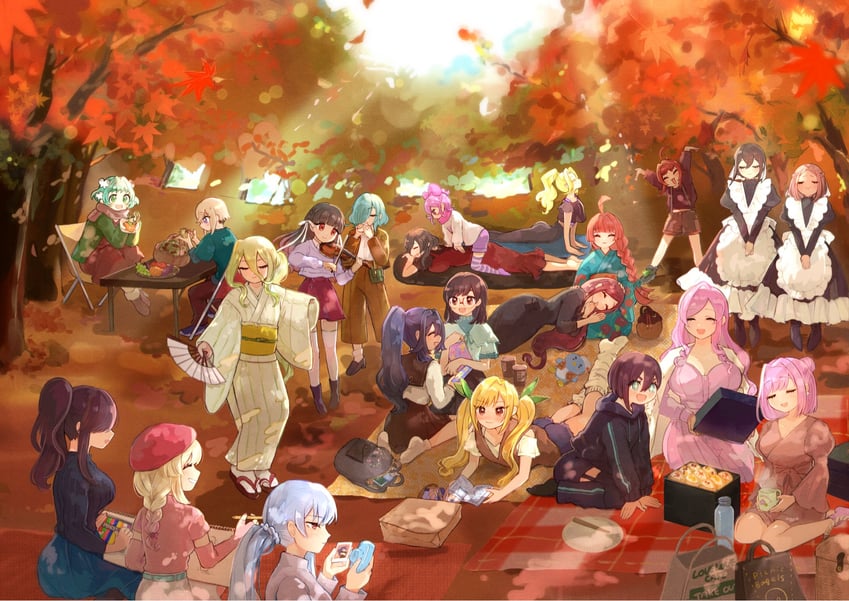 hanazono hakari, inda karane, yoshimoto shizuka, eiai nano, hanazono hahari, and 18 more (kimi no koto ga dai dai dai dai daisuki na 100-nin no kanojo) drawn by oyomidtarumi