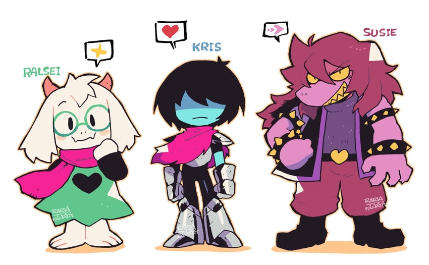 kris, ralsei, susie, and soul (deltarune) drawn by rariatto_(ganguri)