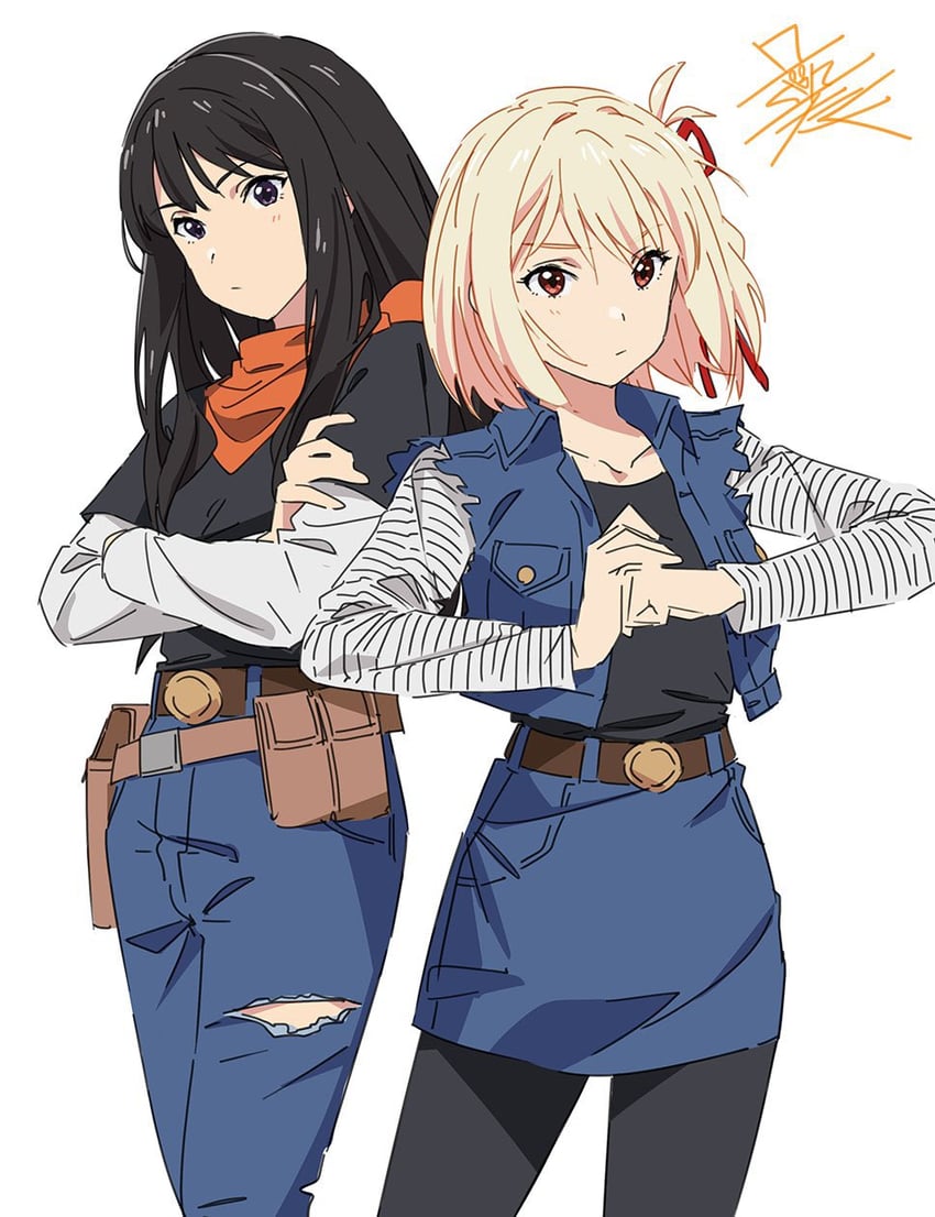nishikigi chisato, inoue takina, android 18, and android 17 (dragon ball and 2 more) drawn by taku1122