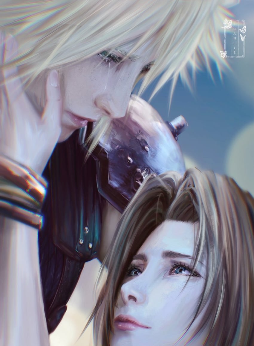 cloud strife and aerith gainsborough (final fantasy and 3 more) drawn by shanlieart
