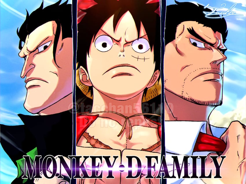 monkey d. luffy, monkey d. garp, and monkey d. dragon (one piece) drawn by tacchan56110