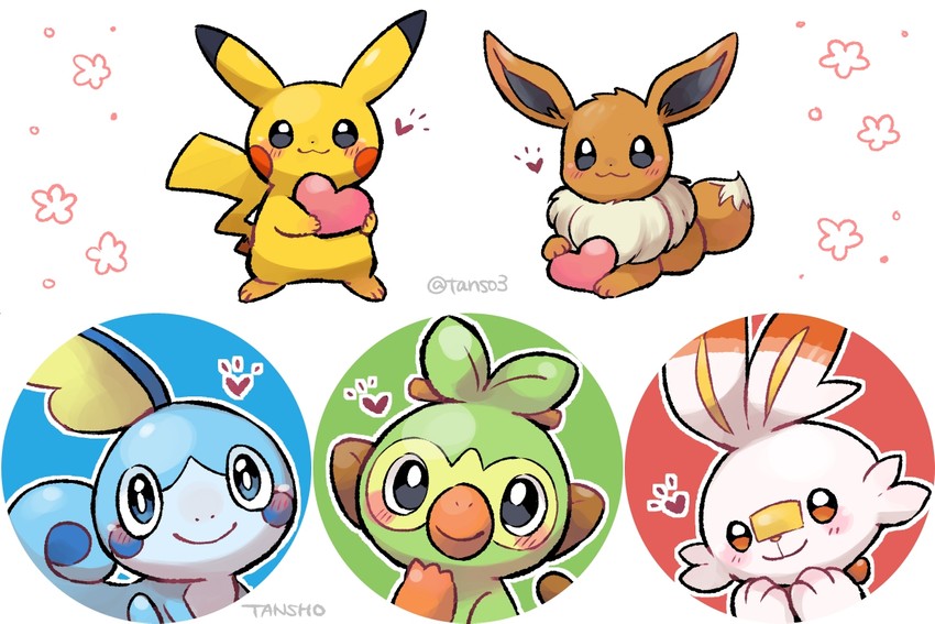 pikachu, eevee, scorbunny, sobble, and grookey (pokemon) drawn by tansho