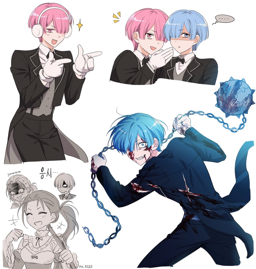 rem, ram, and natsuki subaru (re:zero kara hajimeru isekai seikatsu) drawn by no_keze