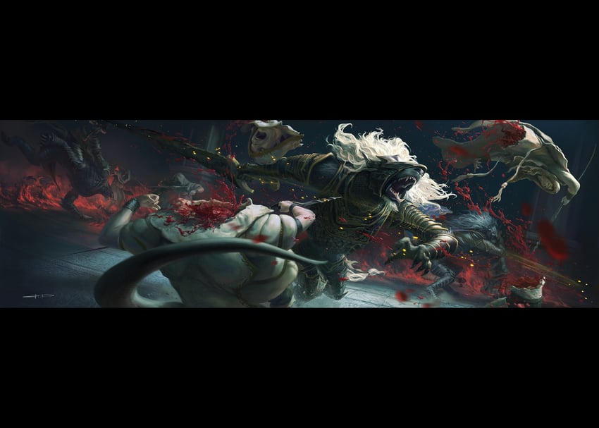 maliketh the black blade, godskin apostle, and godskin noble (elden ring) drawn by stanton_feng
