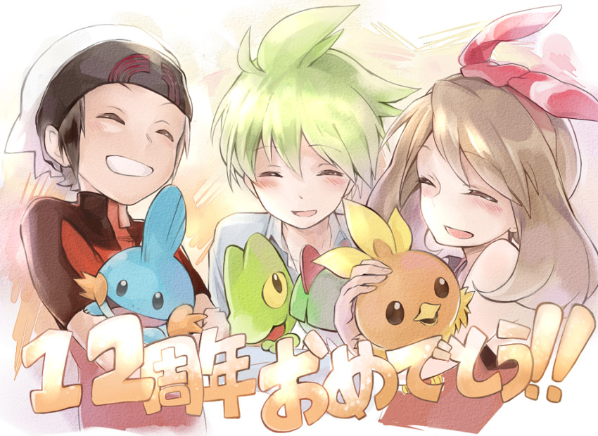may, brendan, torchic, mudkip, ralts, and 2 more (pokemon and 1 more) drawn by shiro_azarashi