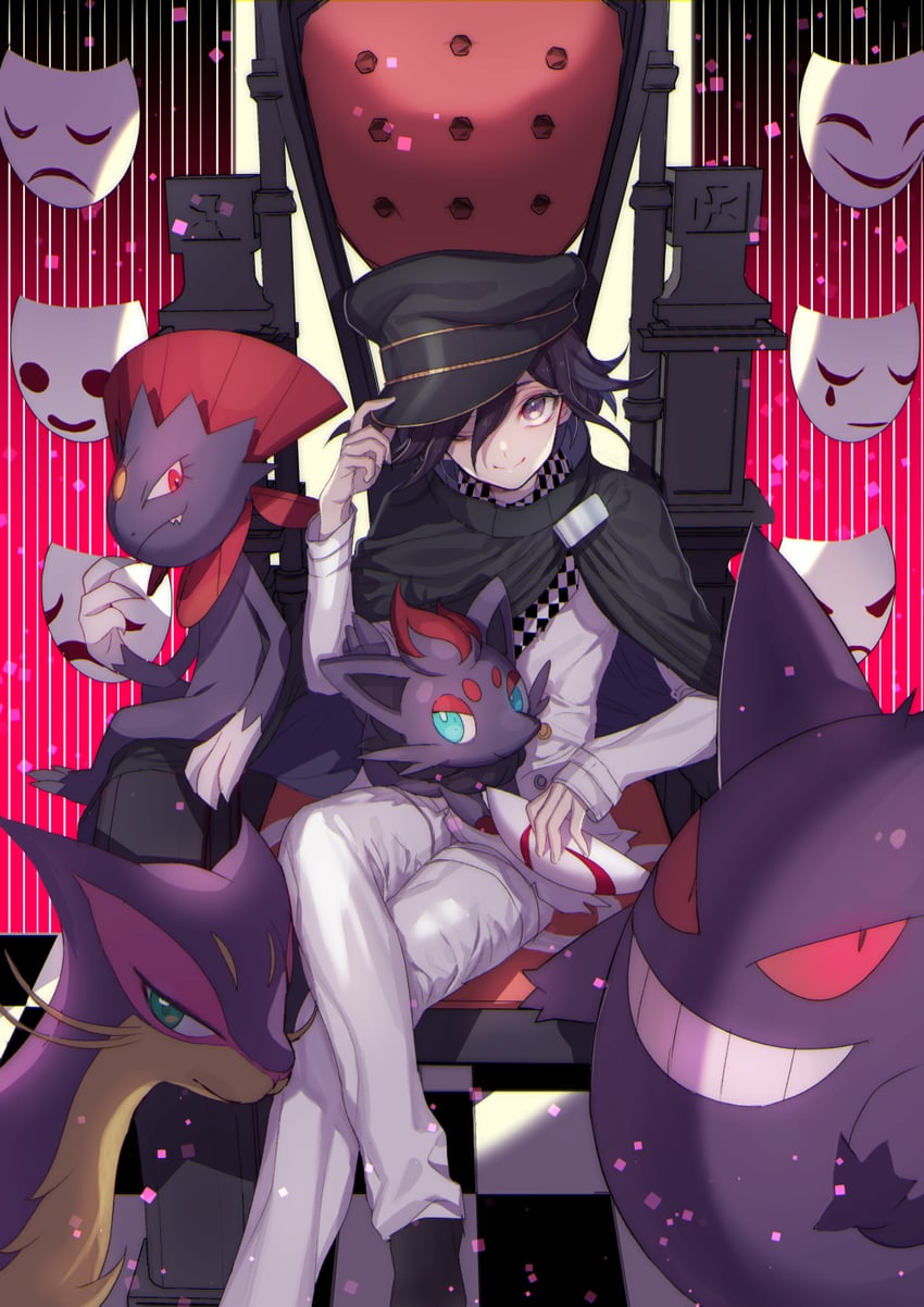 oma kokichi, gengar, zorua, weavile, and liepard (pokemon and 2 more) drawn by zuizi