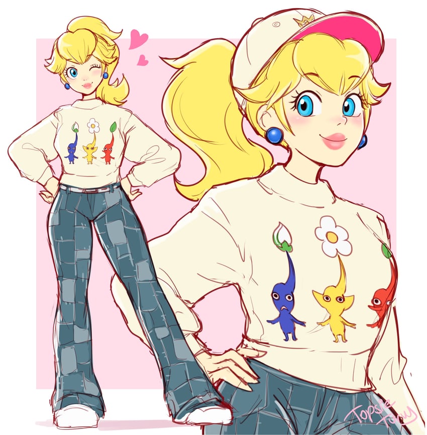 princess peach, red pikmin, yellow pikmin, and blue pikmin (mario and 1 more) drawn by topsieturvy