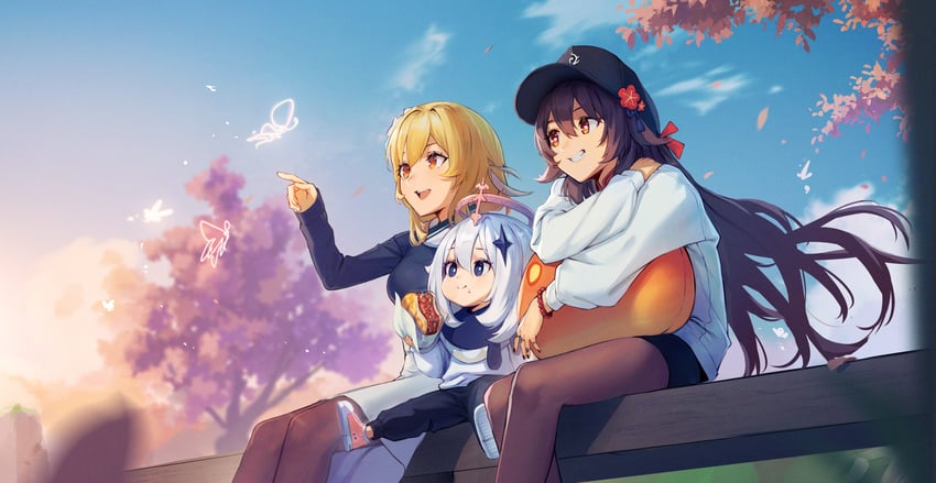 lumine, hu tao, paimon, and slime (genshin impact) drawn by alaskastomatoez