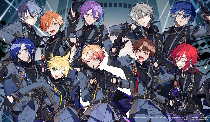 kagamine len, kaito, tenma tsukasa, kamishiro rui, shinonome akito, and 5 more (vocaloid and 2 more) drawn by mochizuki_kei
