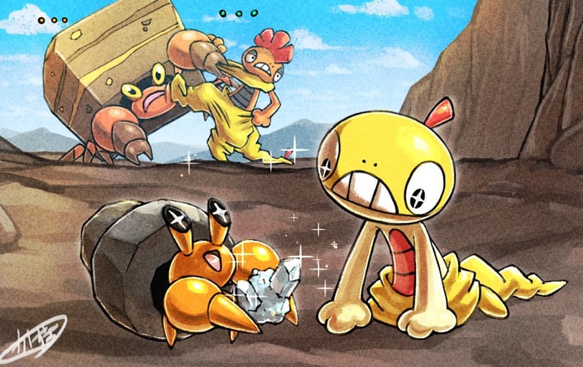 scraggy, scrafty, crustle, and dwebble (pokemon) drawn by kaosu_(kaosu0905)