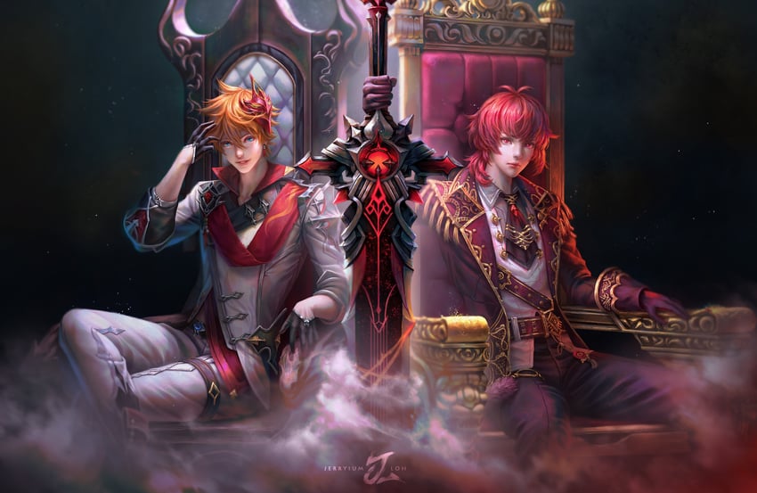tartaglia and diluc (genshin impact) drawn by jerry_loh