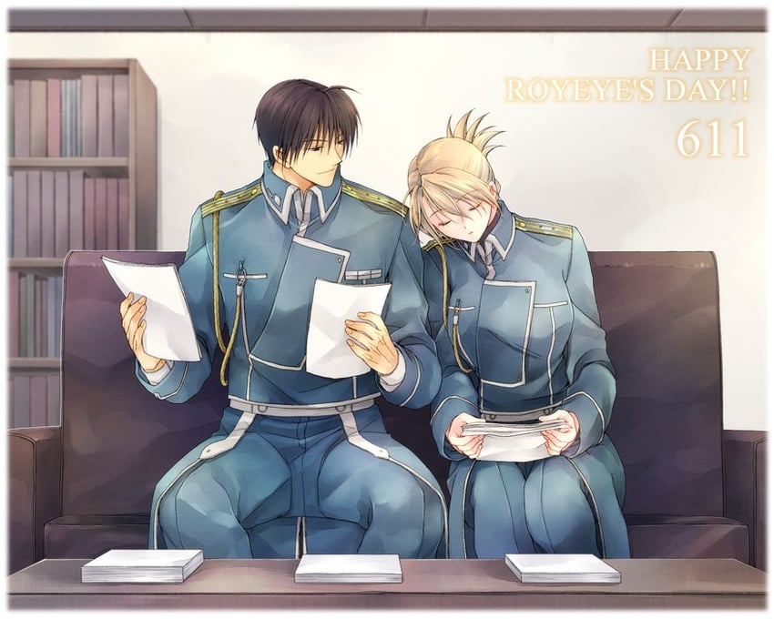 riza hawkeye and roy mustang (fullmetal alchemist) drawn by takafuji_yuna