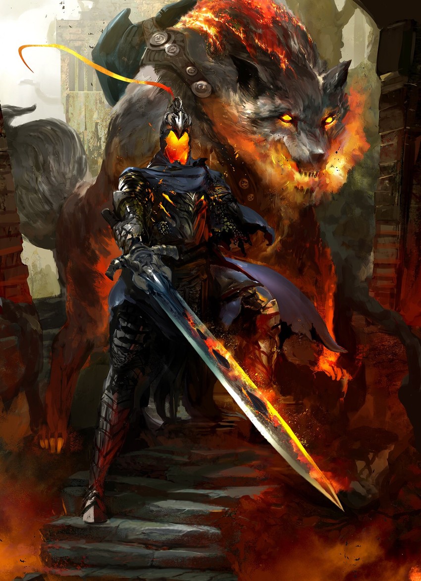 artorias the abysswalker and great grey wolf sif (dark souls and 1 more) drawn by kekai_kotaki