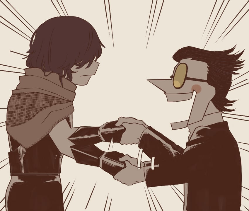kris and spamton g. spamton (deltarune) drawn by mamaito