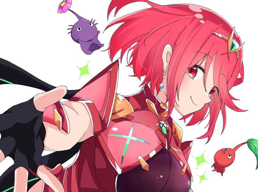 pyra, red pikmin, and purple pikmin (xenoblade chronicles and 3 more) drawn by cherubi_nbo