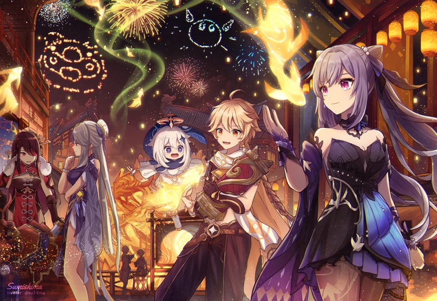 aether, keqing, paimon, ningguang, beidou, and 2 more (genshin impact) drawn by su34ma