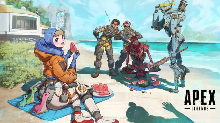 wattson, wraith, mirage, nessie, ash, and 3 more (apex legends) drawn by nemoto_yuuma