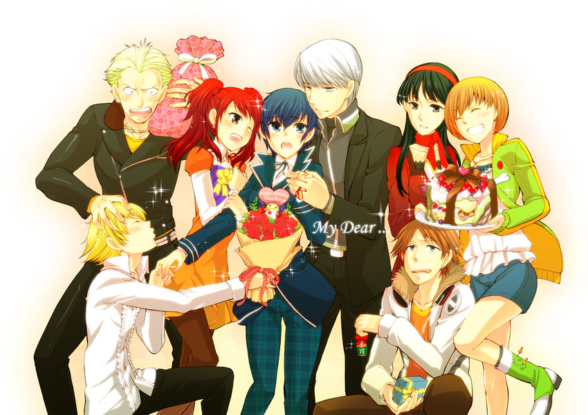 narukami yu, shirogane naoto, satonaka chie, kujikawa rise, amagi yukiko, and 3 more (persona and 1 more) drawn by hina_futoshi