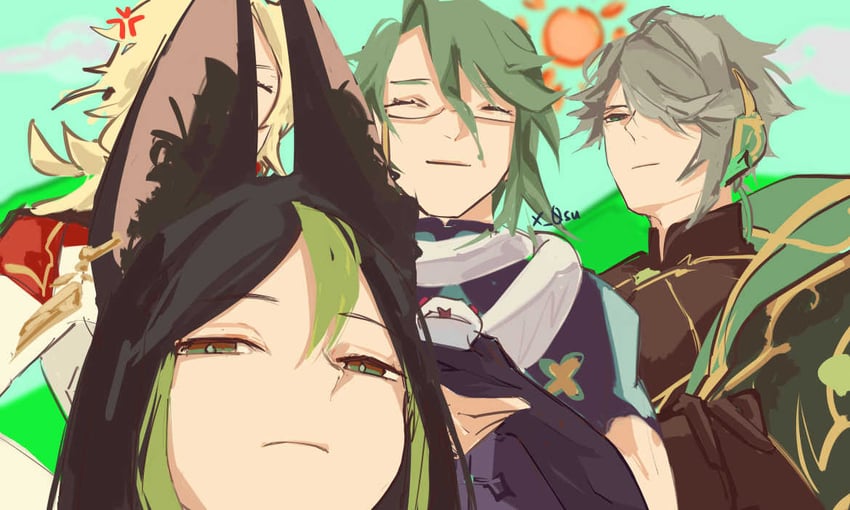 alhaitham, tighnari, kaveh, baizhu, and changsheng (genshin impact) drawn by su_(@x_0su)