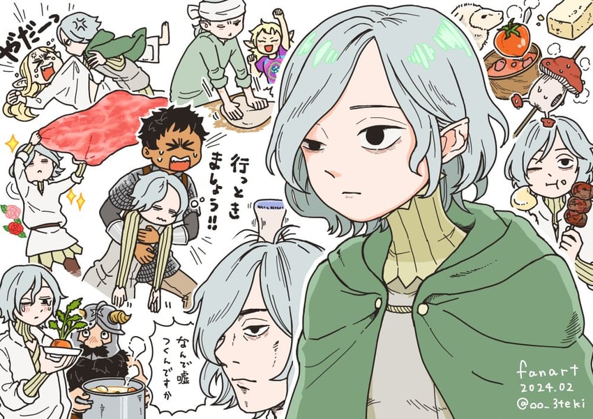 marcille donato, senshi, mithrun, fleki, and walking mushroom (dungeon meshi) drawn by 3teki