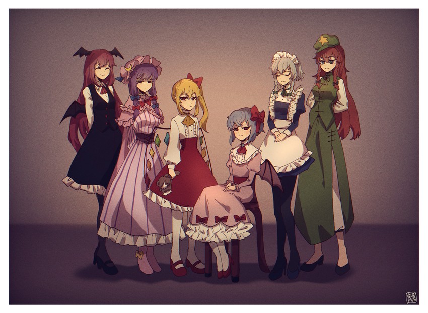 remilia scarlet, flandre scarlet, izayoi sakuya, patchouli knowledge, hong meiling, and 1 more (touhou) drawn by sokura_(mochichitose)