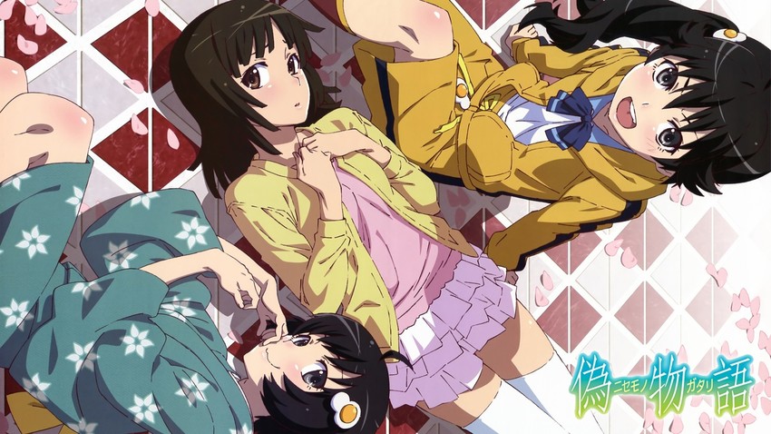 sengoku nadeko, araragi karen, and araragi tsukihi (monogatari and 1 more) drawn by michishita_kouta