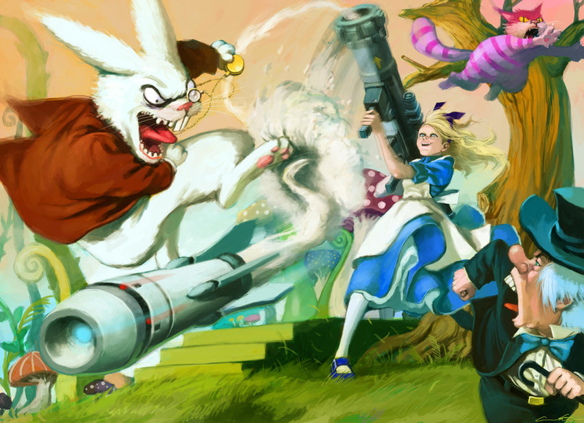 alice, cheshire cat, white rabbit, and mad hatter (alice in wonderland) drawn by cuson