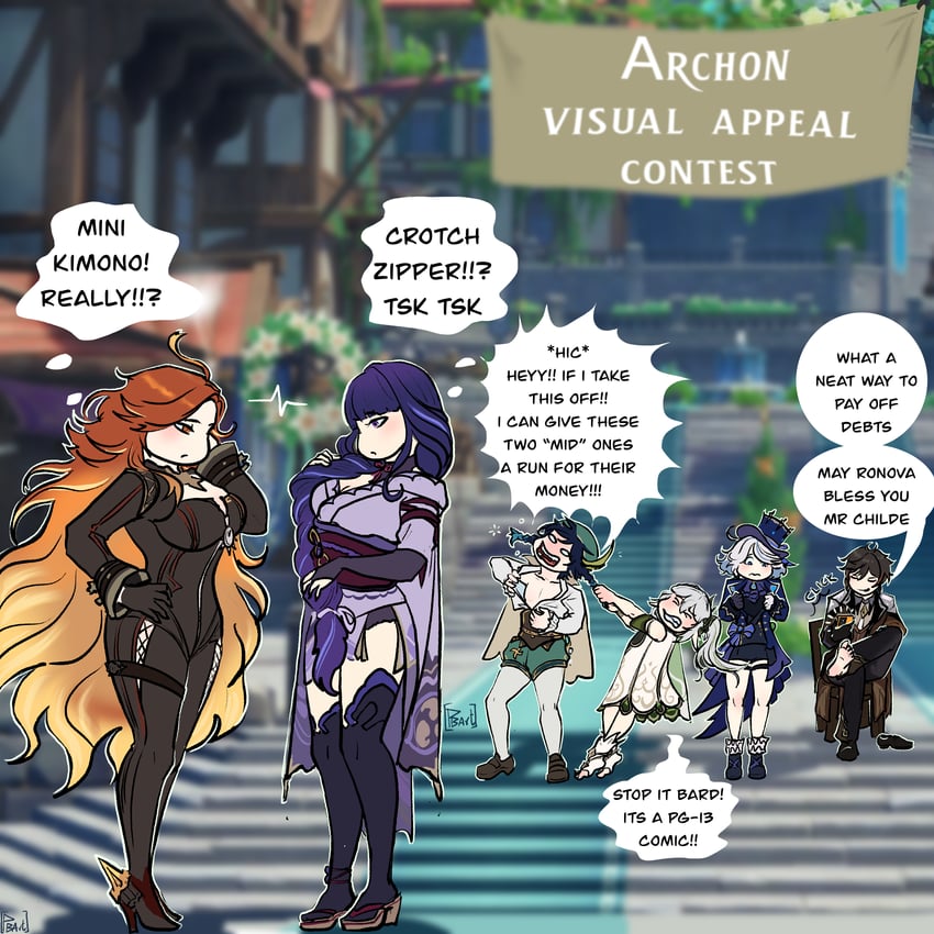 raiden shogun, furina, nahida, zhongli, venti, and 1 more (genshin impact) drawn by pbart