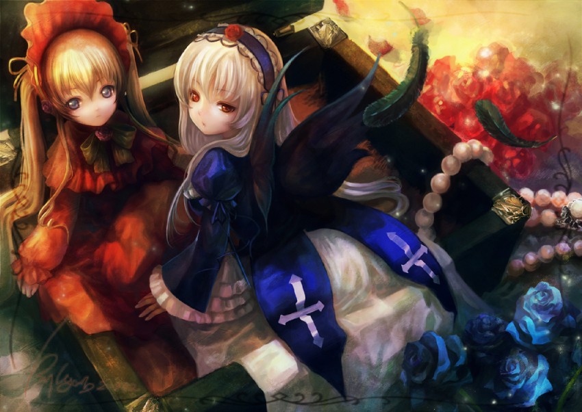 suigintou and shinku (rozen maiden) drawn by yoru_(xueyinye)
