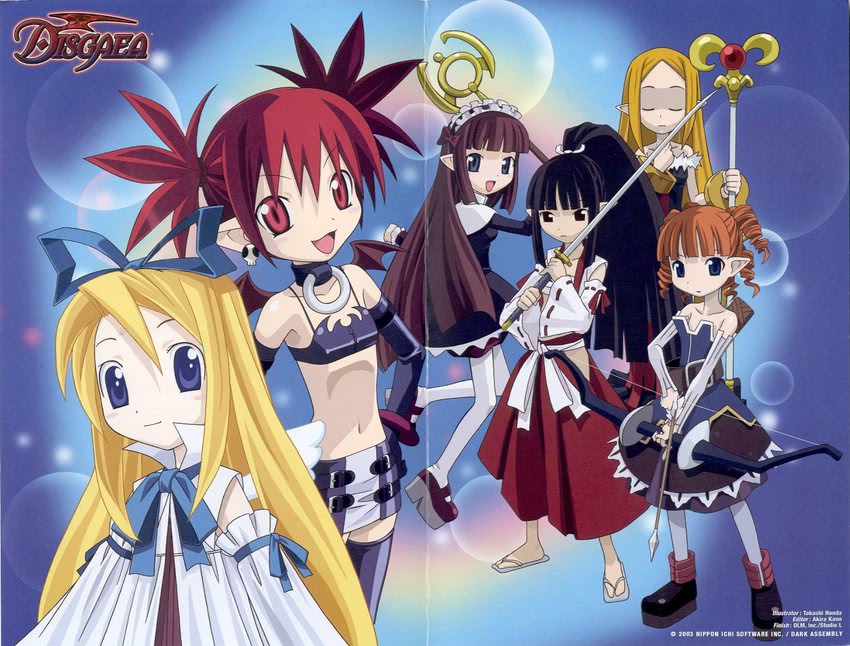 etna, flonne, mage, archer, healer, and 1 more (disgaea and 1 more) drawn by honda_takeshi