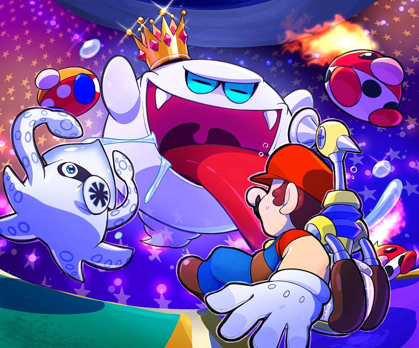 mario, blooper, f.l.u.d.d., king boo, strollin' stu, and 1 more (mario and 1 more) drawn by hoshi_(star-name2000)