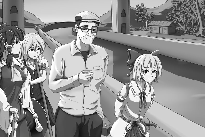 hakurei reimu, kirisame marisa, satsuki rin, and zun (touhou and 2 more) drawn by snakfusker