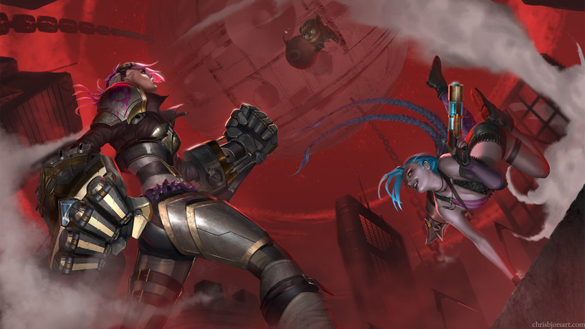 jinx, vi, and ziggs (league of legends and 1 more) drawn by chris_bjors