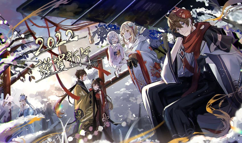 lumine, hu tao, zhongli, paimon, kamisato ayaka, and 1 more (genshin impact) drawn by orz_orr