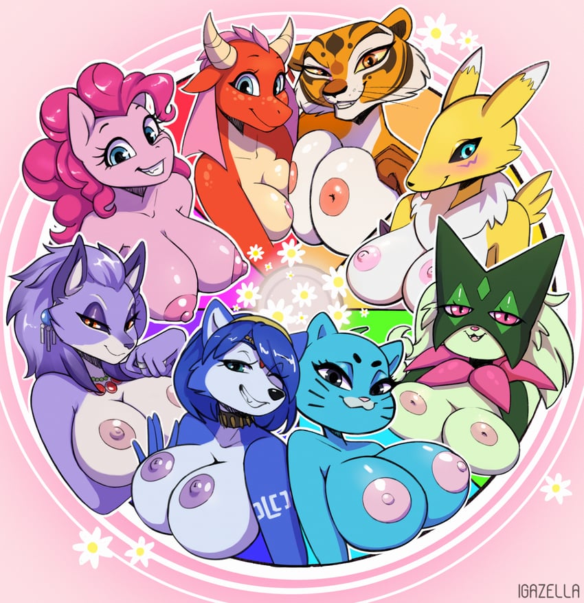 meowscarada, renamon, pinkie pie, krystal, nicole watterson, and 3 more (original and 9 more) drawn by igazella