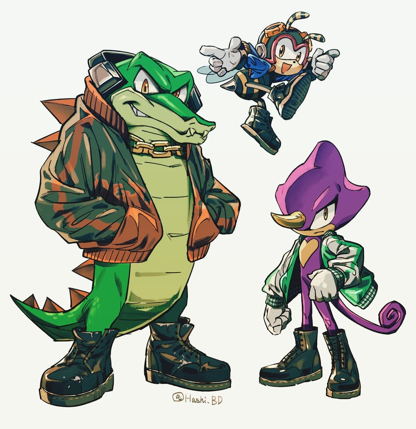 espio the chameleon, vector the crocodile, and charmy bee (sonic) drawn by hashi84e