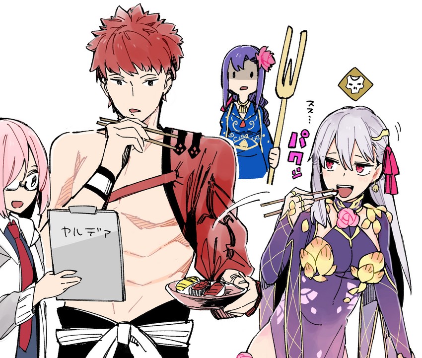 mash kyrielight, emiya shirou, kama, senji muramasa, and parvati (fate and 1 more) drawn by naosuke_(morioka_shachuu)