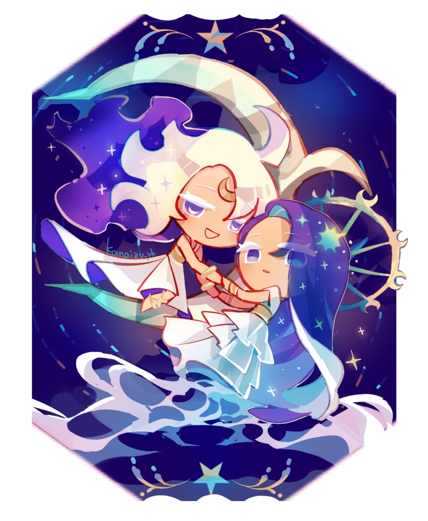 moonlight cookie and sea fairy cookie (cookie run and 1 more) drawn by kanaizu_yh