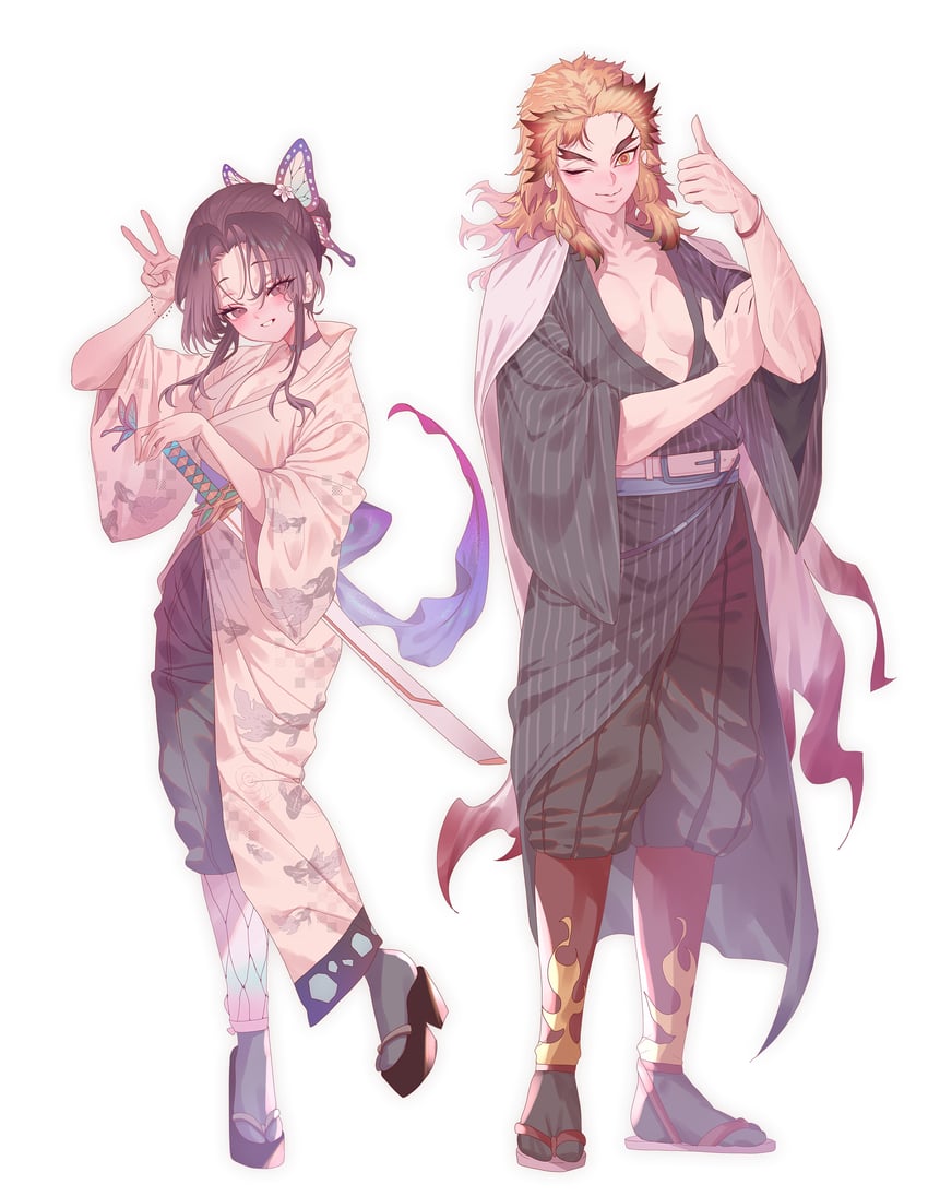 kochou shinobu and rengoku kyoujurou (kimetsu no yaiba) drawn by torano