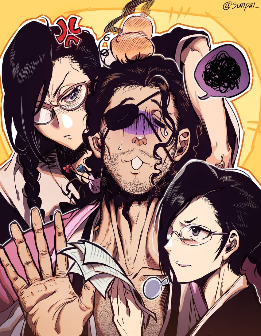 ise nanao, kyouraku shunsui, and yadoumaru lisa (bleach and 1 more) drawn by sunpal