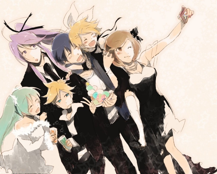 hatsune miku, kagamine rin, kagamine len, kaito, meiko, and 1 more (vocaloid) drawn by nononono