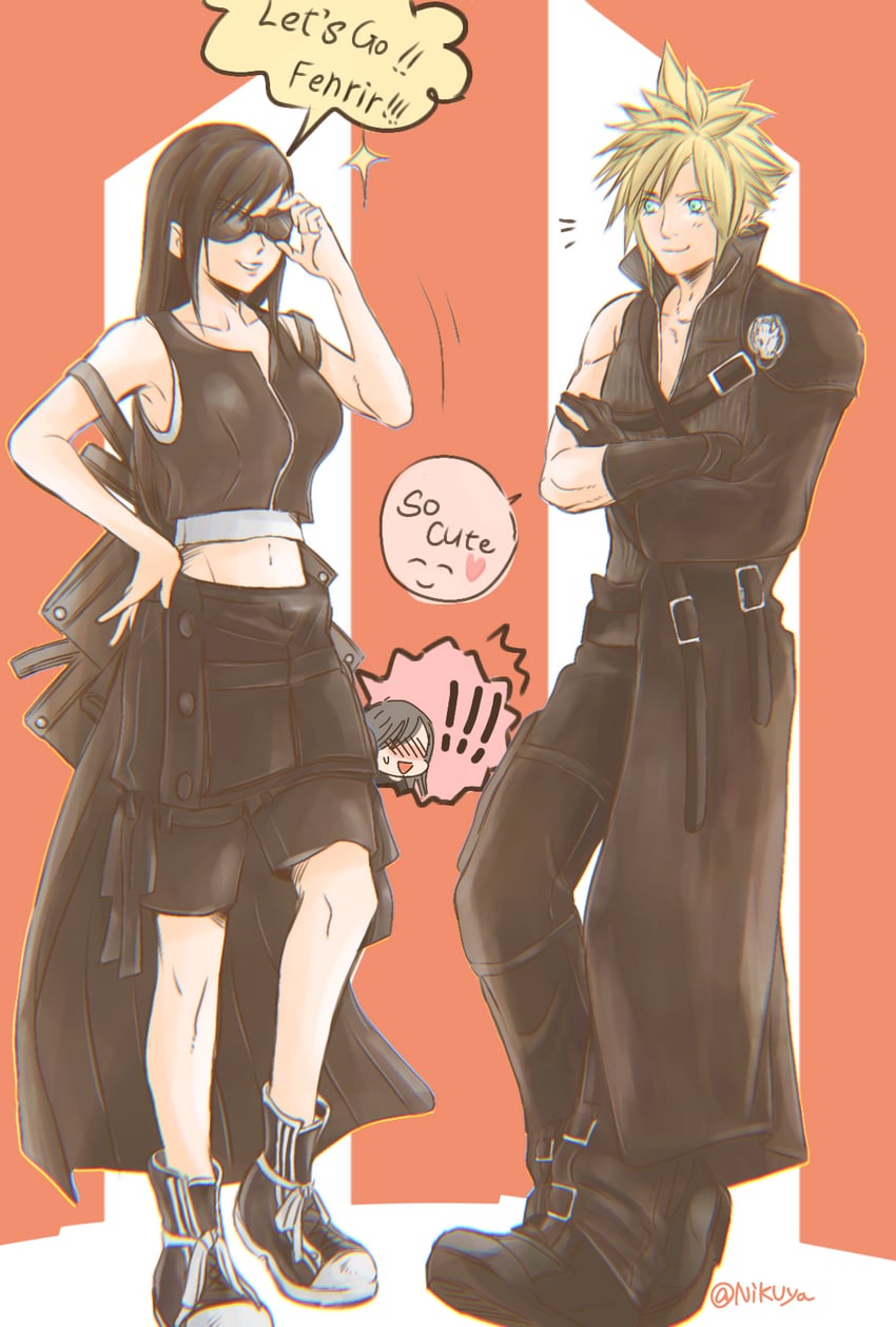 tifa lockhart, cloud strife, and fenrir (final fantasy and 2 more) drawn by nikuya_(nikuya888)