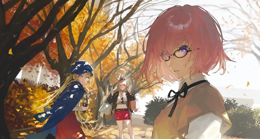 artoria pendragon, mash kyrielight, miyamoto musashi, and artoria caster (fate and 1 more) drawn by uda_(xax_057)
