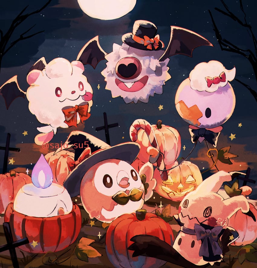 rowlet, mimikyu, litwick, drifloon, swirlix, and 1 more (pokemon) drawn by su_(sajo_su5)