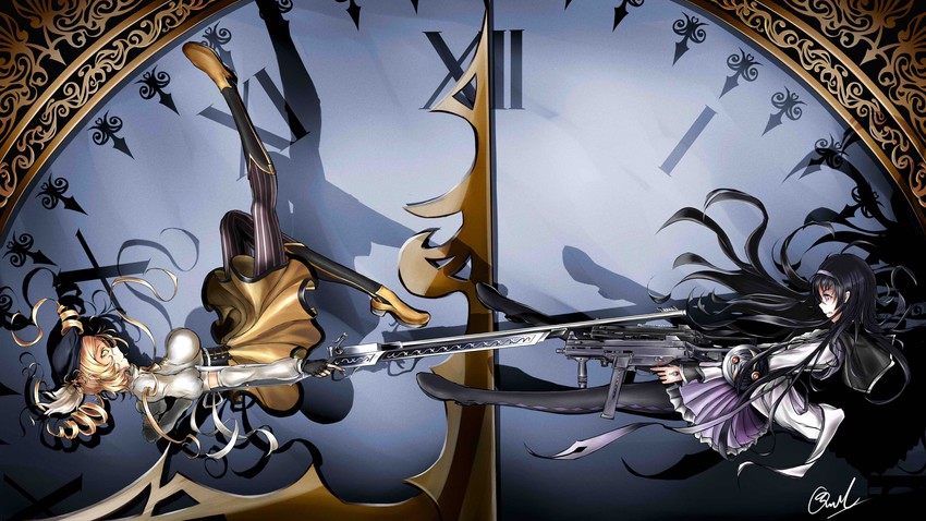 akemi homura and tomoe mami (mahou shoujo madoka magica and 1 more) drawn by owl_zhu_(zikzzy)