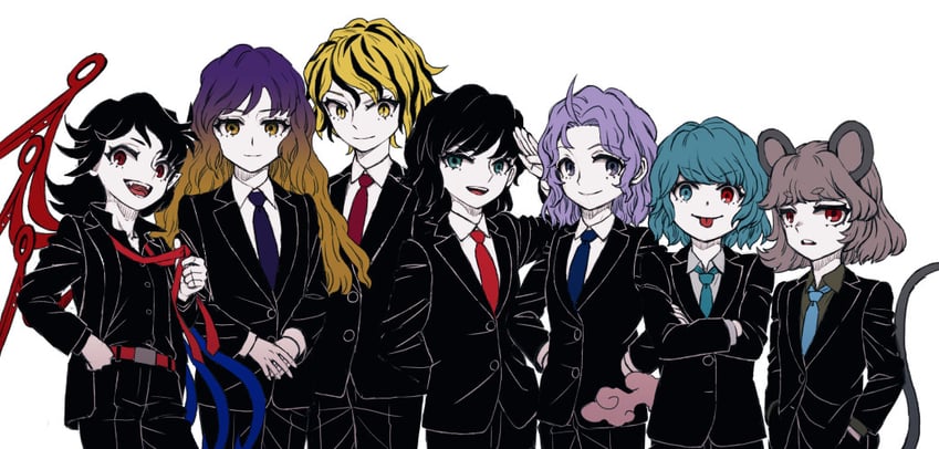 tatara kogasa, nazrin, hijiri byakuren, houjuu nue, toramaru shou, and 2 more (touhou and 1 more) drawn by meimaru_inuchiyo