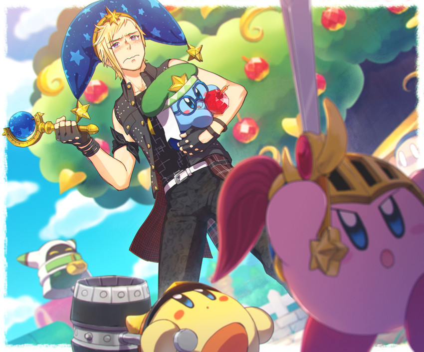 kirby, magolor, prompto argentum, shopkeeper magolor, sword hero, and 3 more (final fantasy and 3 more) drawn by mishio